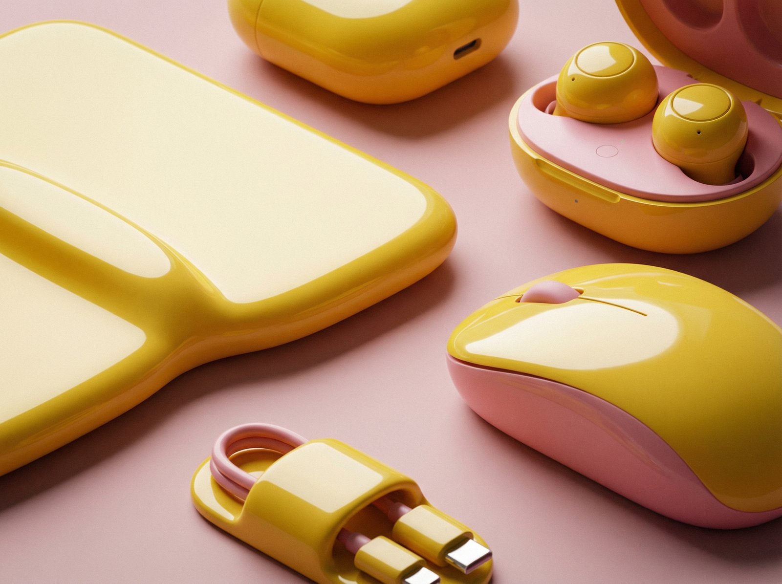 High-detail close up of glossy yellow and pink tech accessories with smooth rounded edges, studio lighting with soft shadows, modern and clean aesthetic, 4:3 aspect ratio, no text
