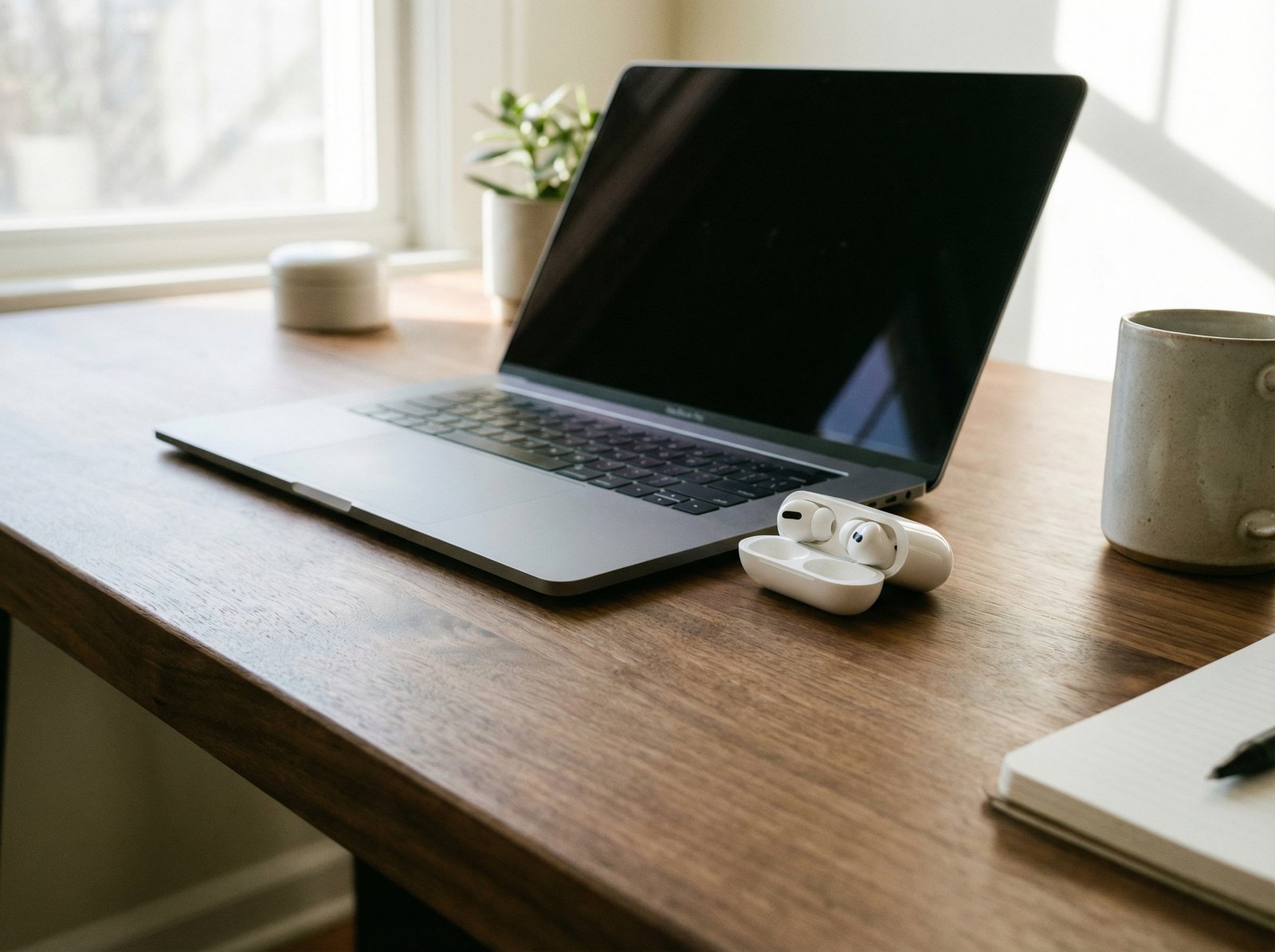 A pair of iconic white wireless earbuds sitting on a modern wooden desk next to a sleek laptop, clean minimalist workspace, natural morning light, lifestyle photography, 4:3 aspect ratio, no text