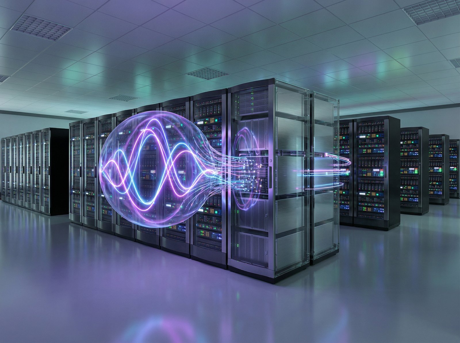 A futuristic representation of Apple Siri icon glowing with purple and blue light, merging with advanced cloud server racks in a high-tech data center, sleek and modern aesthetic, 4:3 aspect ratio, no text