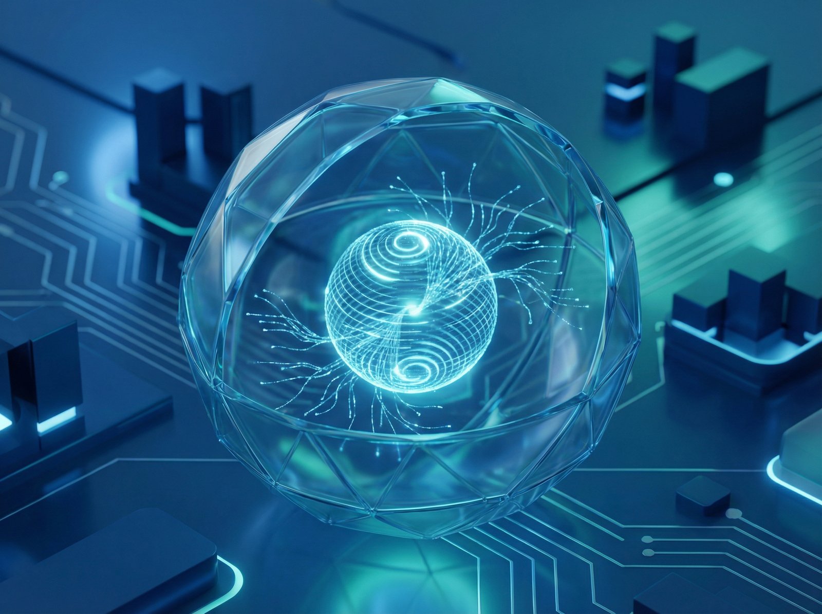 An artistic 3D rendering of a translucent shield protecting a glowing data pulse, deep blue and teal color palette, professional and clean design, 4:3 aspect ratio, no text