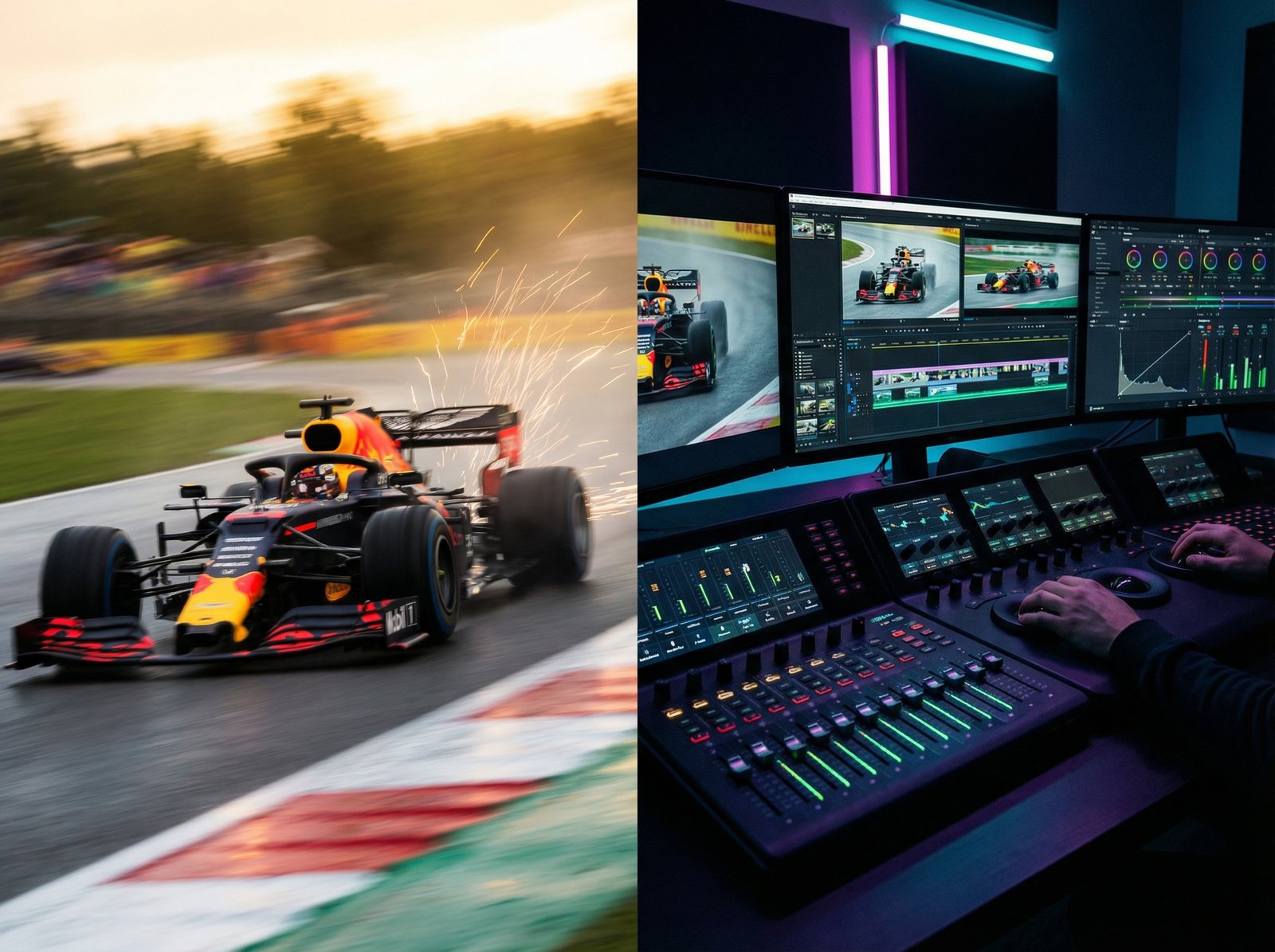 A dynamic split composition showing a high-speed Formula 1 racing car on a track and a professional dark editing studio with multiple monitors and sound mixing boards, vibrant colors, cinematic lighting, 4:3 aspect ratio, no text.