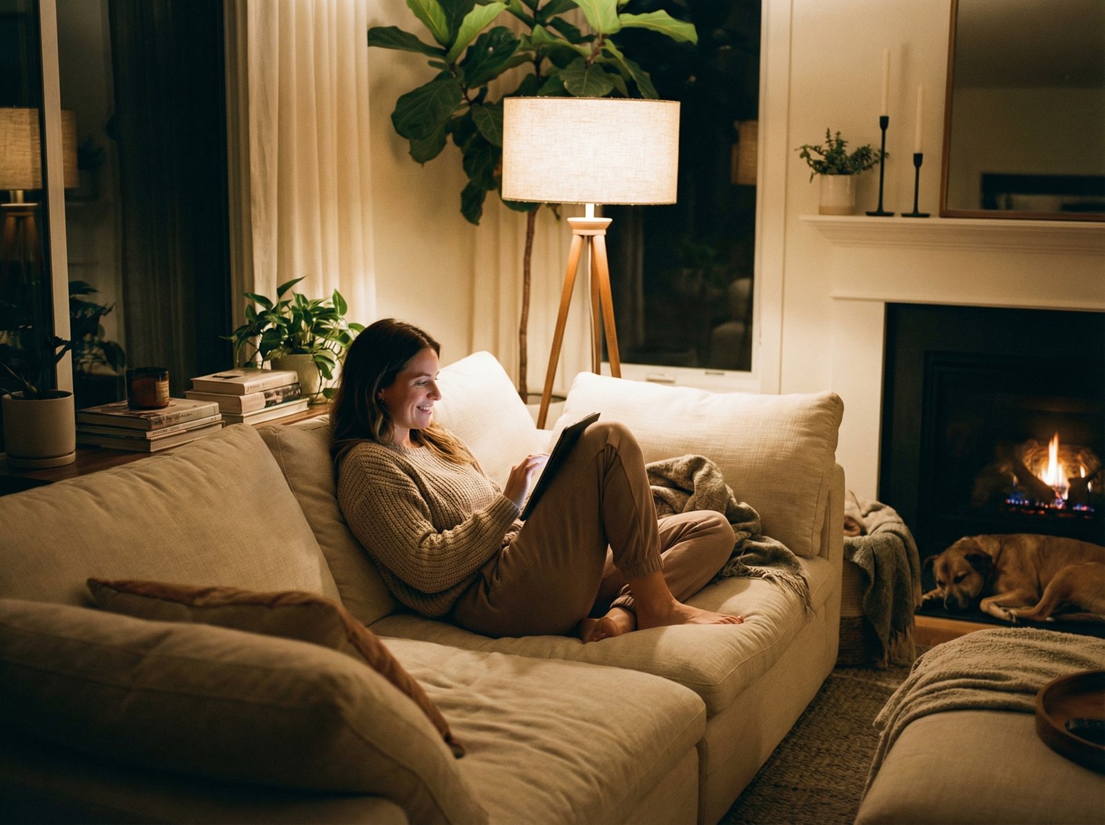 A cozy modern living room at night, a person relaxing on a sofa and watching a high-quality streaming service on a tablet, warm ambient lighting from a floor lamp, realistic and comfortable lifestyle setting, 4:3 aspect ratio, no text.