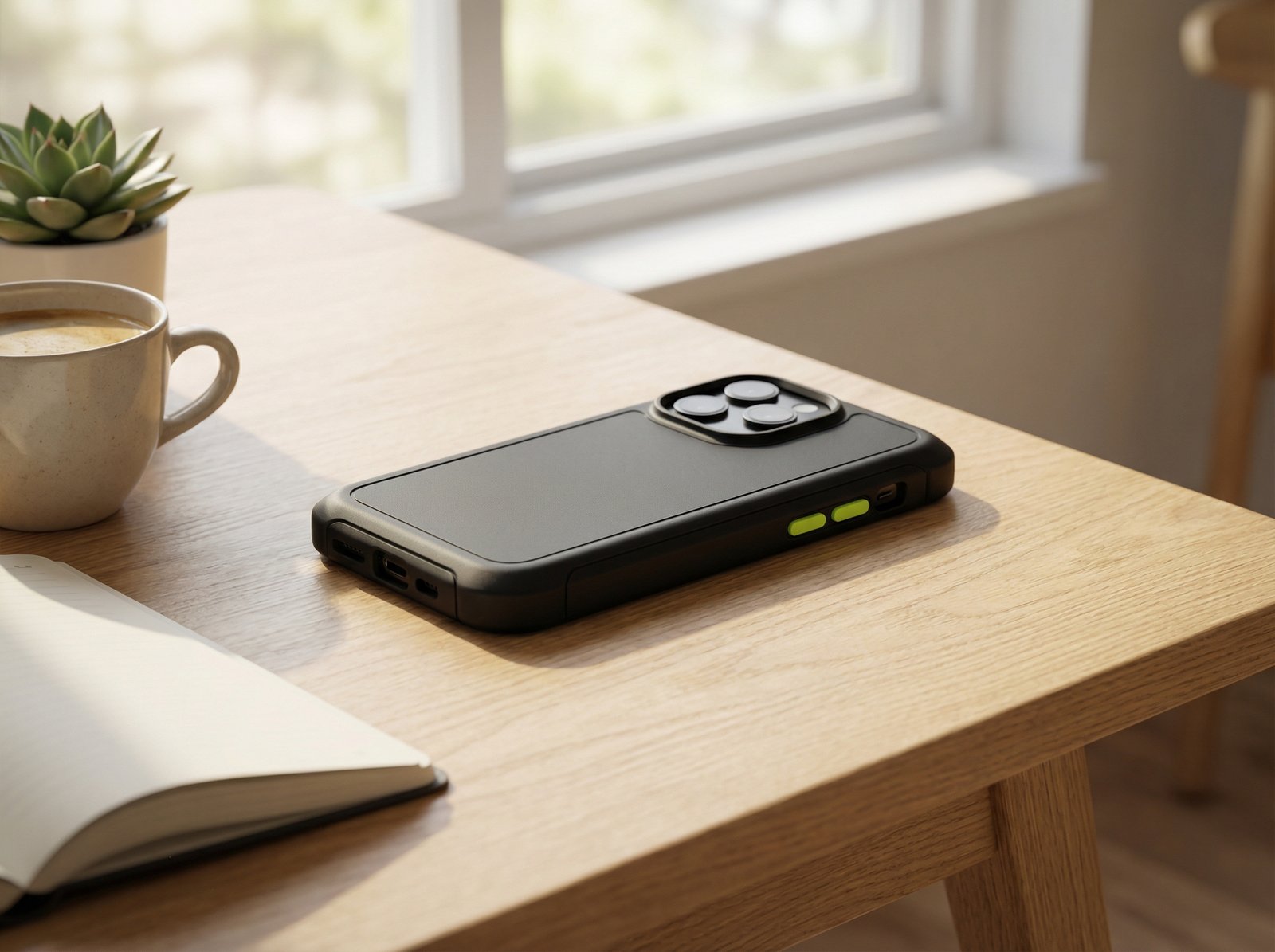 A sleek black iPhone 17 Pro rugged case with vibrant green buttons placed on a clean wooden table, natural sunlight, high-quality lifestyle photography, 4:3, no text