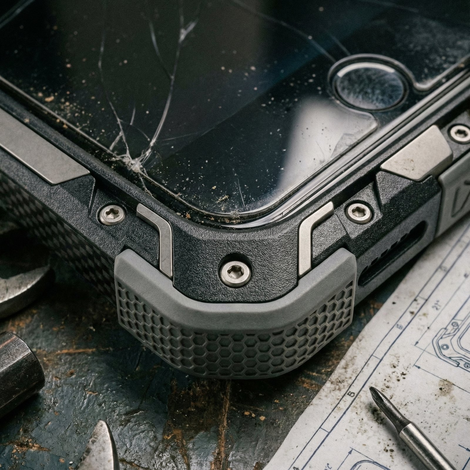 Detailed view of the reinforced corners of a rugged phone case, protective design, high-tech aesthetic, 1:1, no text