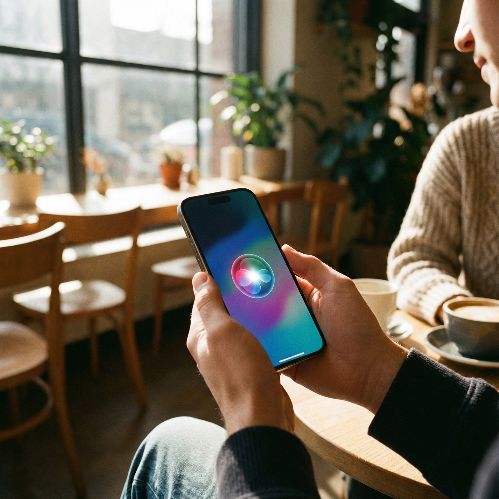 A person holding a modern iPhone in a cozy cafe, the Siri glowing colorful orb animation is active on the screen, natural warm sunlight through the window, high quality lifestyle photography, 1:1, no text