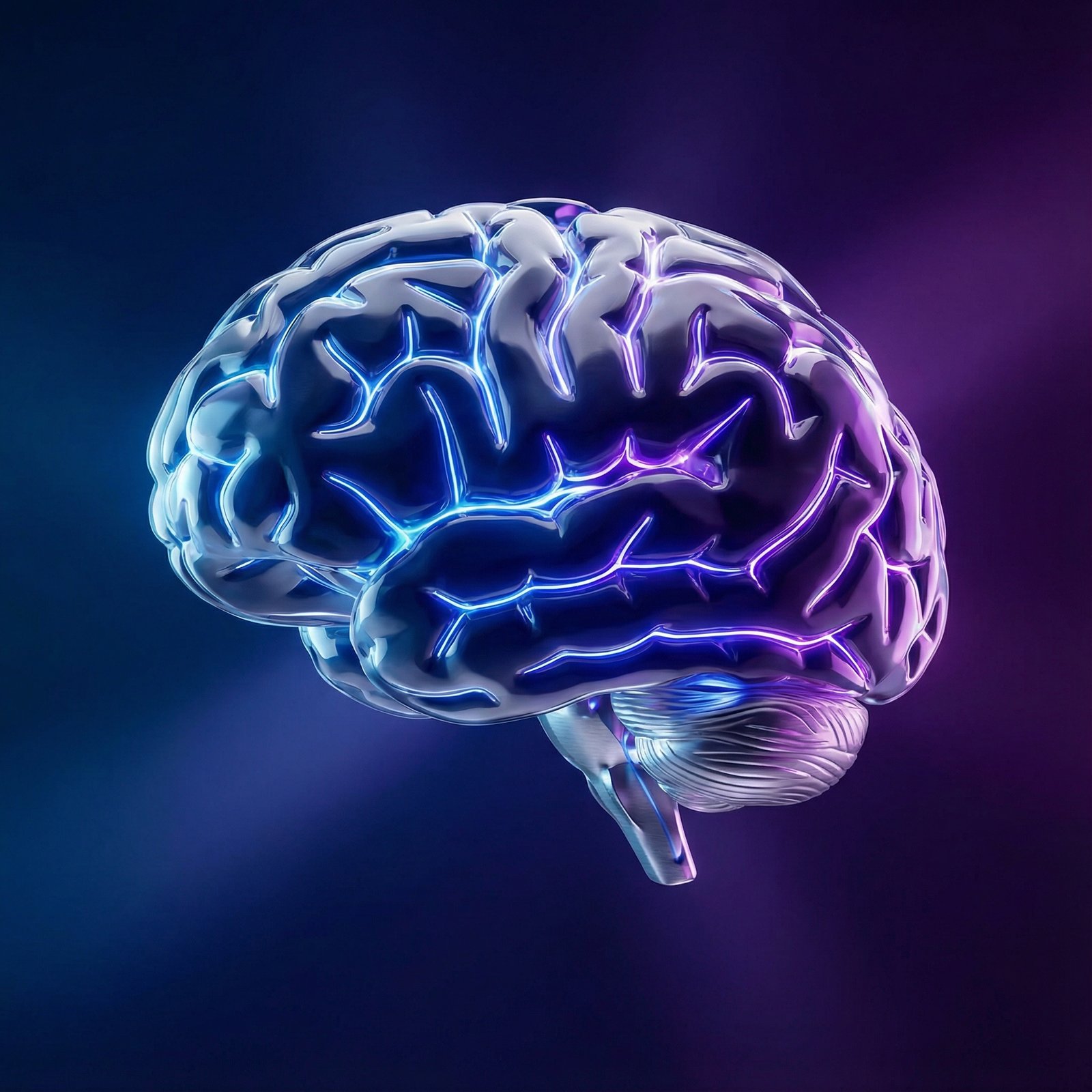 Abstract visualization of a Large Language Model neural network, glowing light paths forming a complex brain structure, modern Apple aesthetic, blue and purple gradient background, high contrast, 1:1, no text