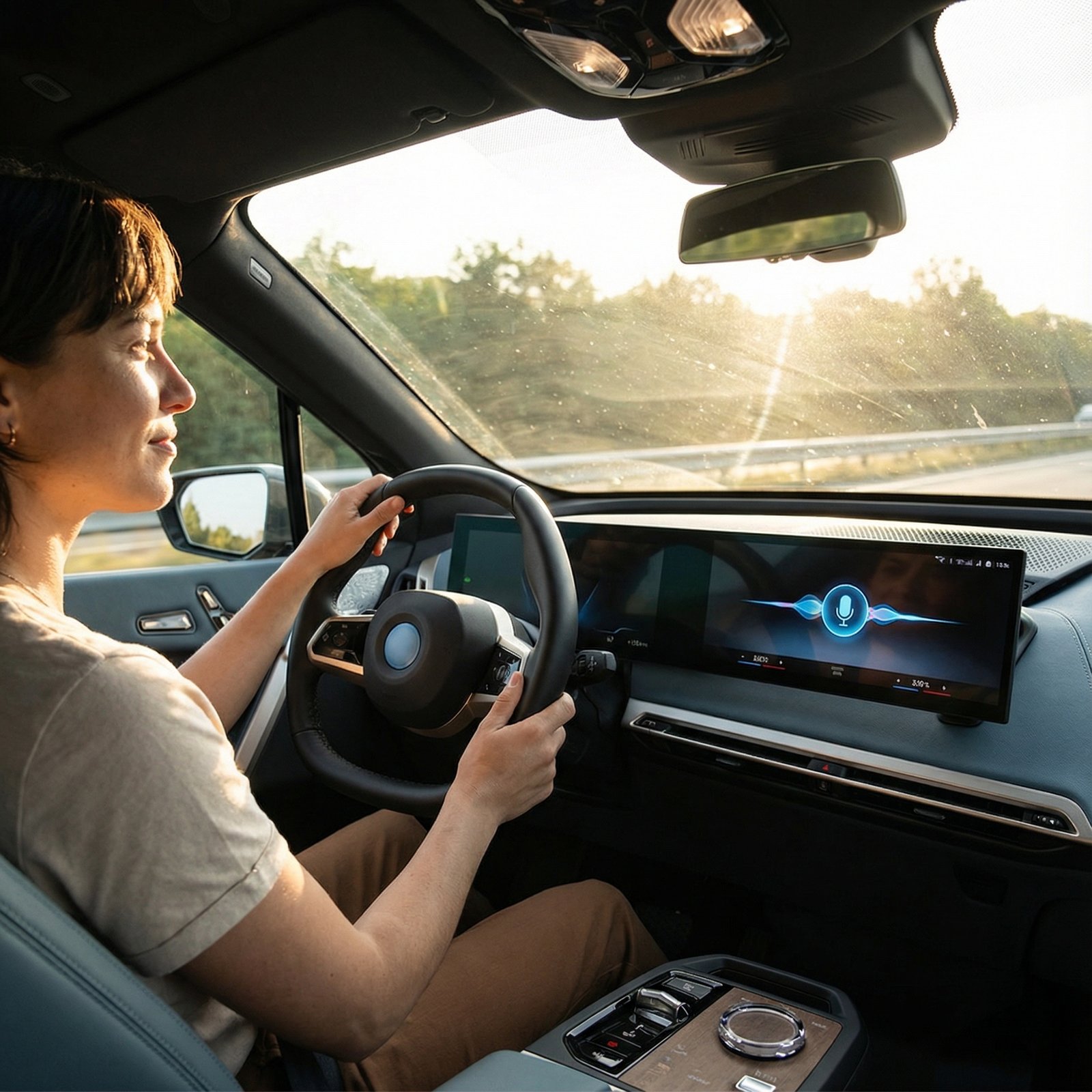A person driving a modern car with a digital dashboard, talking naturally to the voice assistant, hands on the steering wheel, clear daylight, focus on the interaction, cinematic lighting, 1:1, no text