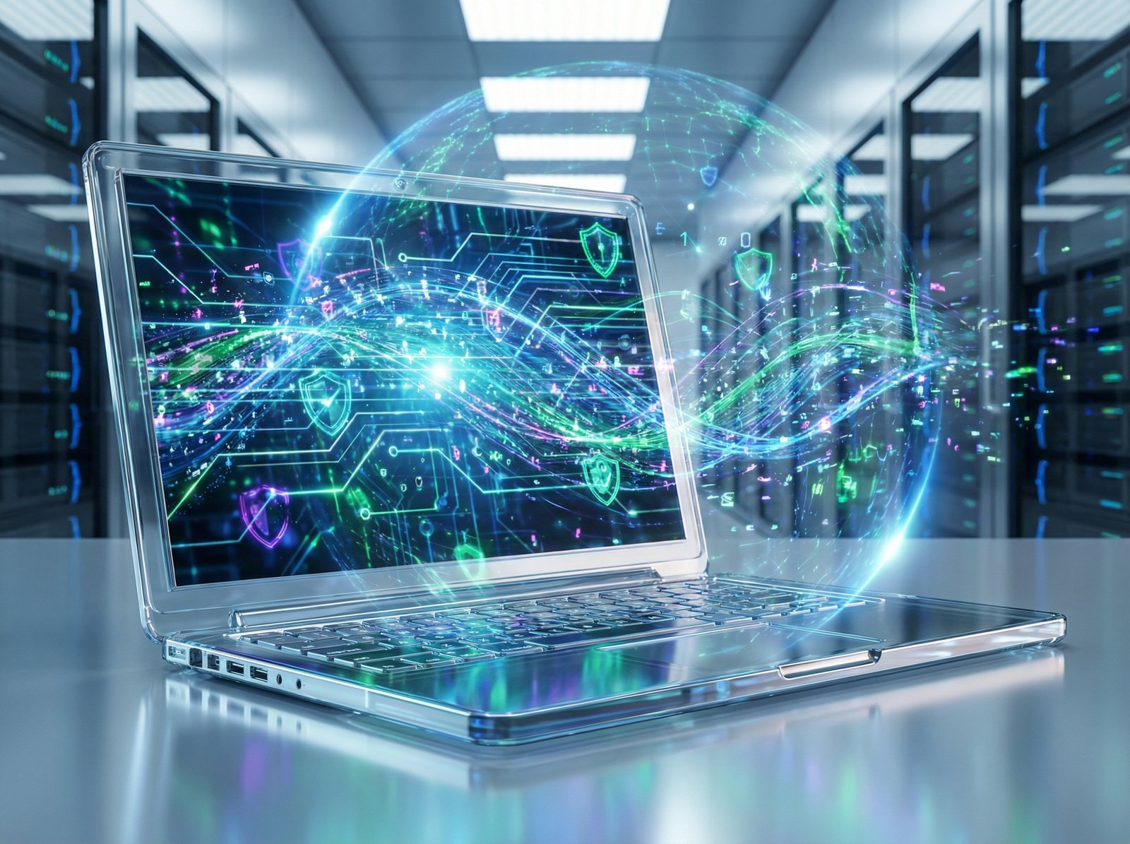 Detailed digital composition of data streams flowing securely inside the frame of a sleek laptop, glowing lines, futuristic and secure atmosphere, vibrant colors, 4:3, no text