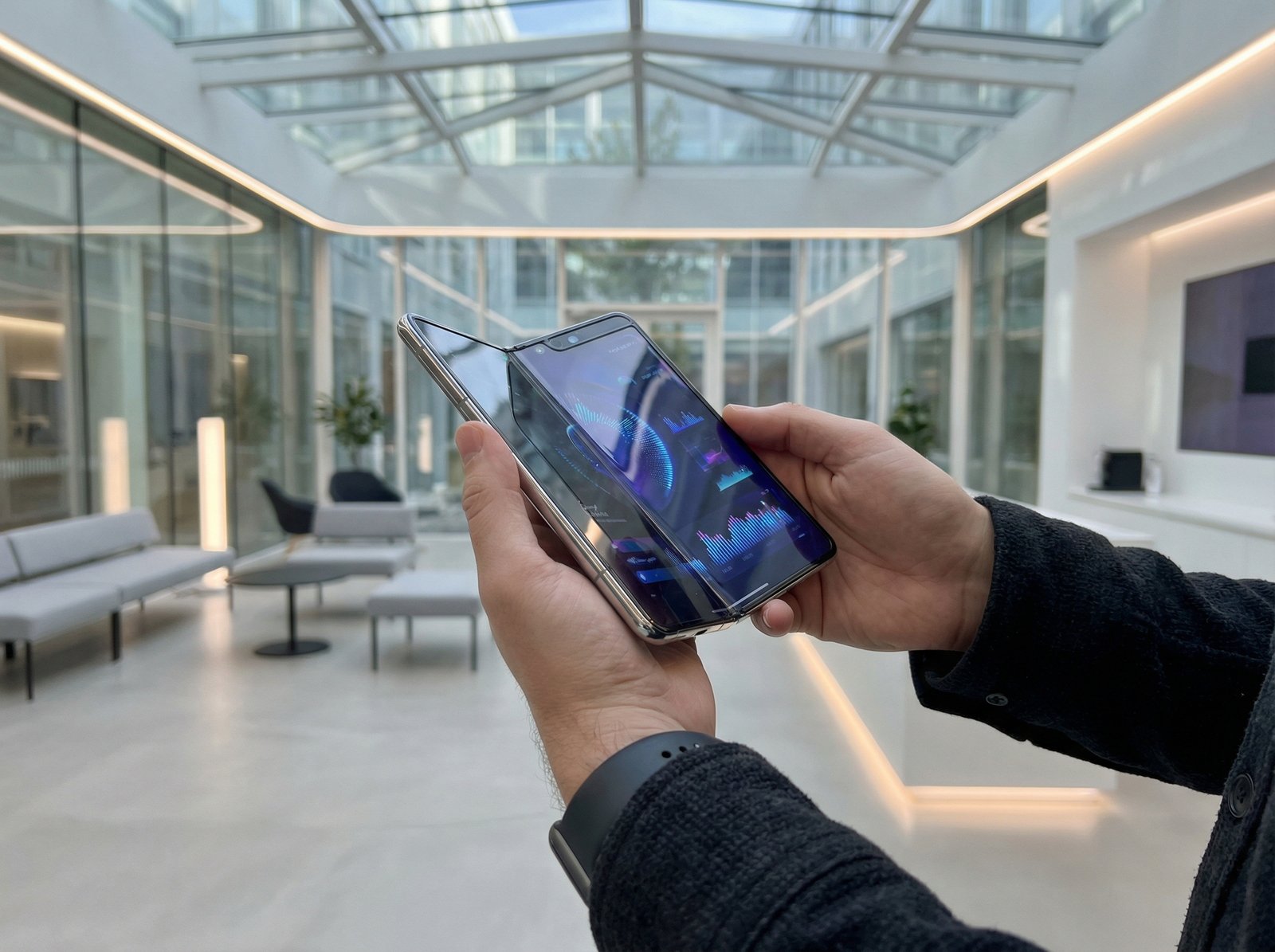 A futuristic foldable smartphone with a completely seamless and crease-free internal display, held by a person in a modern bright setting, high-tech aesthetic, 4:3 aspect ratio, no visible text