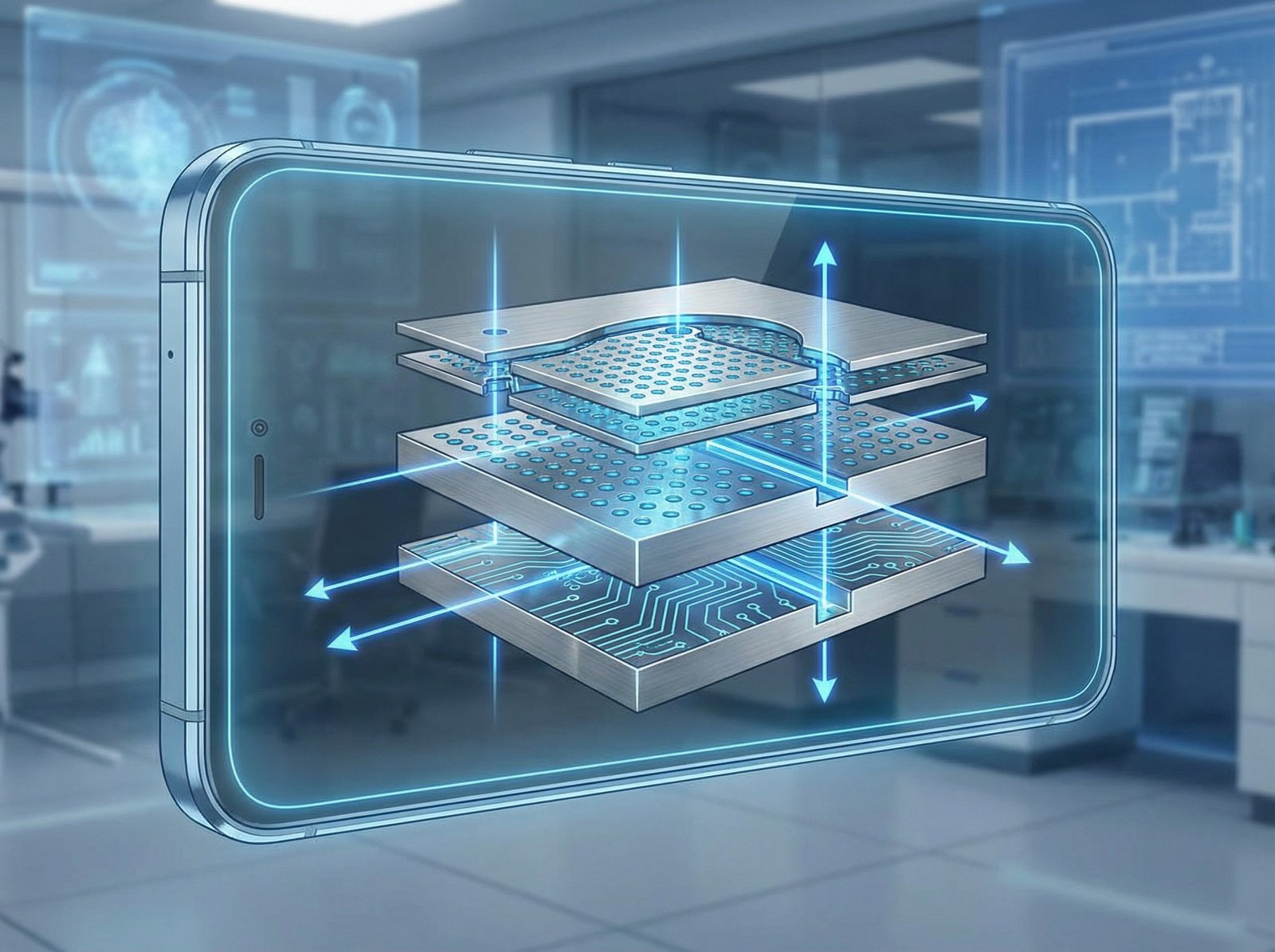 Conceptual illustration of a high-tech smartphone display panel showing microscopic laser-drilled metal layers, glowing blue light, professional technology infographic style, 4:3 aspect ratio, no visible text