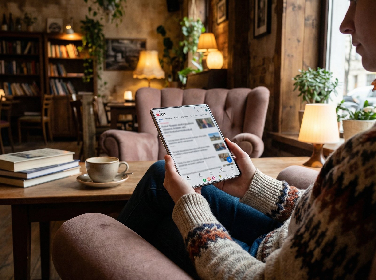 A person using a wide-format foldable smartphone to read digital news in a cozy cafe, lifestyle photography, natural lighting, elegant design, 4:3 aspect ratio, no visible text
