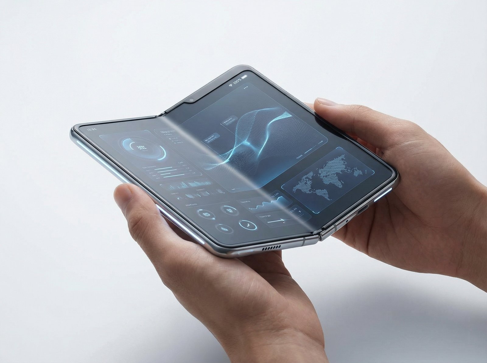 A sleek and modern foldable smartphone display being held open, perfectly smooth screen with no visible crease, bright studio lighting, futuristic tech aesthetic, 4:3