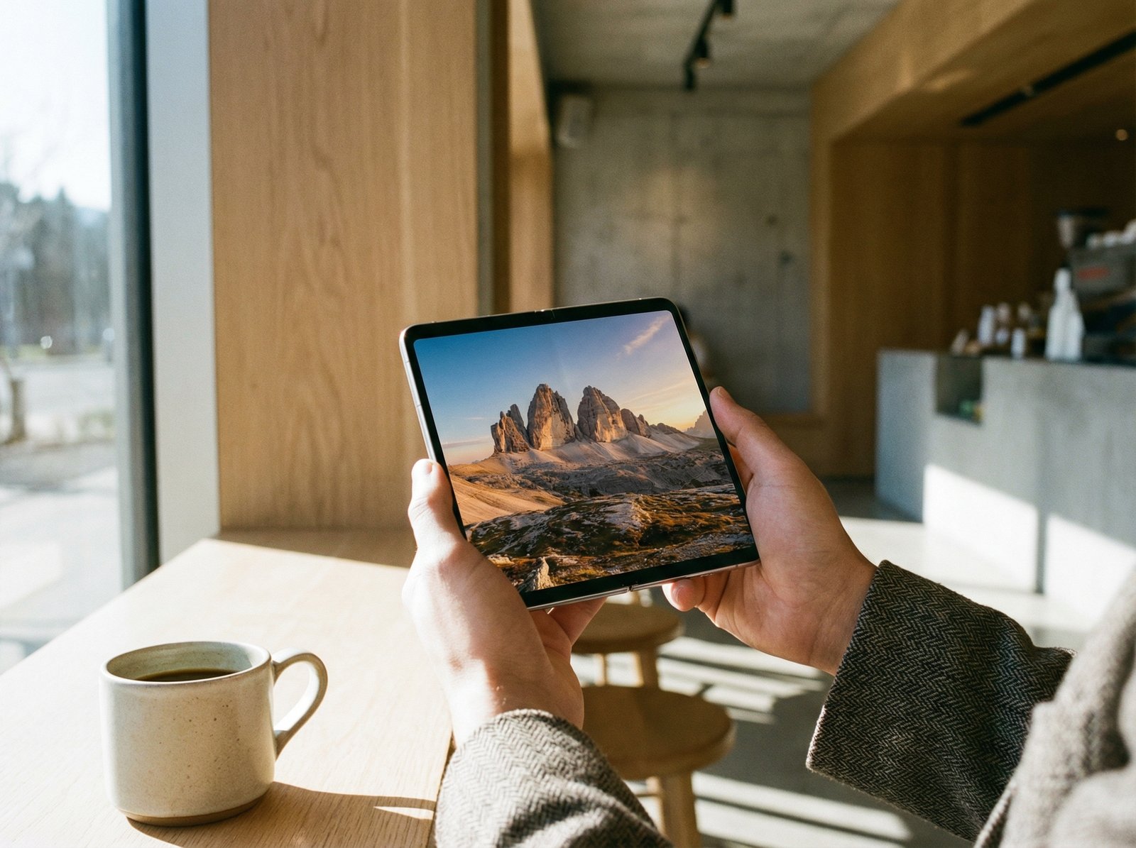 A person using a high-end foldable smartphone in a modern cafe, displaying a beautiful landscape wallpaper, natural lighting, premium feel, 4:3