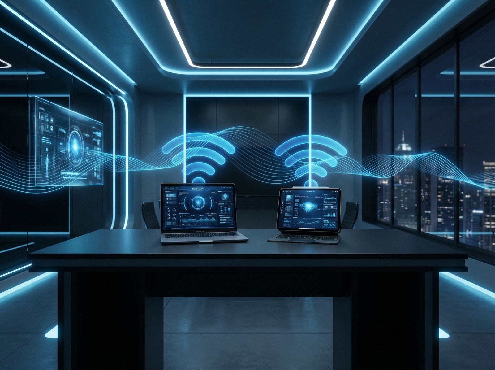 A modern workspace with a MacBook and iPad Pro on a desk, glowing blue Wi-Fi signal waves emanating from the devices, high-tech and sleek atmosphere, cinematic lighting, 4:3