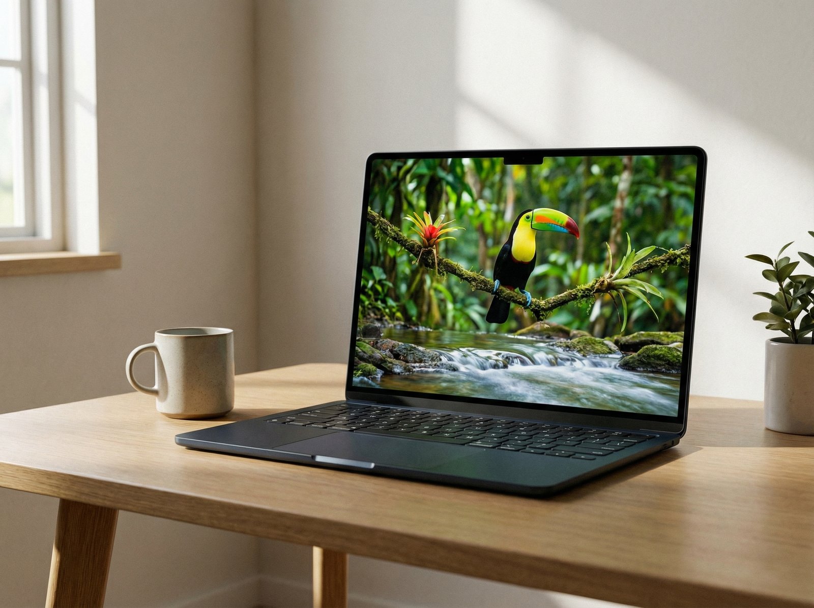 A close-up of a MacBook Air M3 screen showing a high-definition 4K video streaming smoothly, vibrant colors, clean minimal environment, 4:3