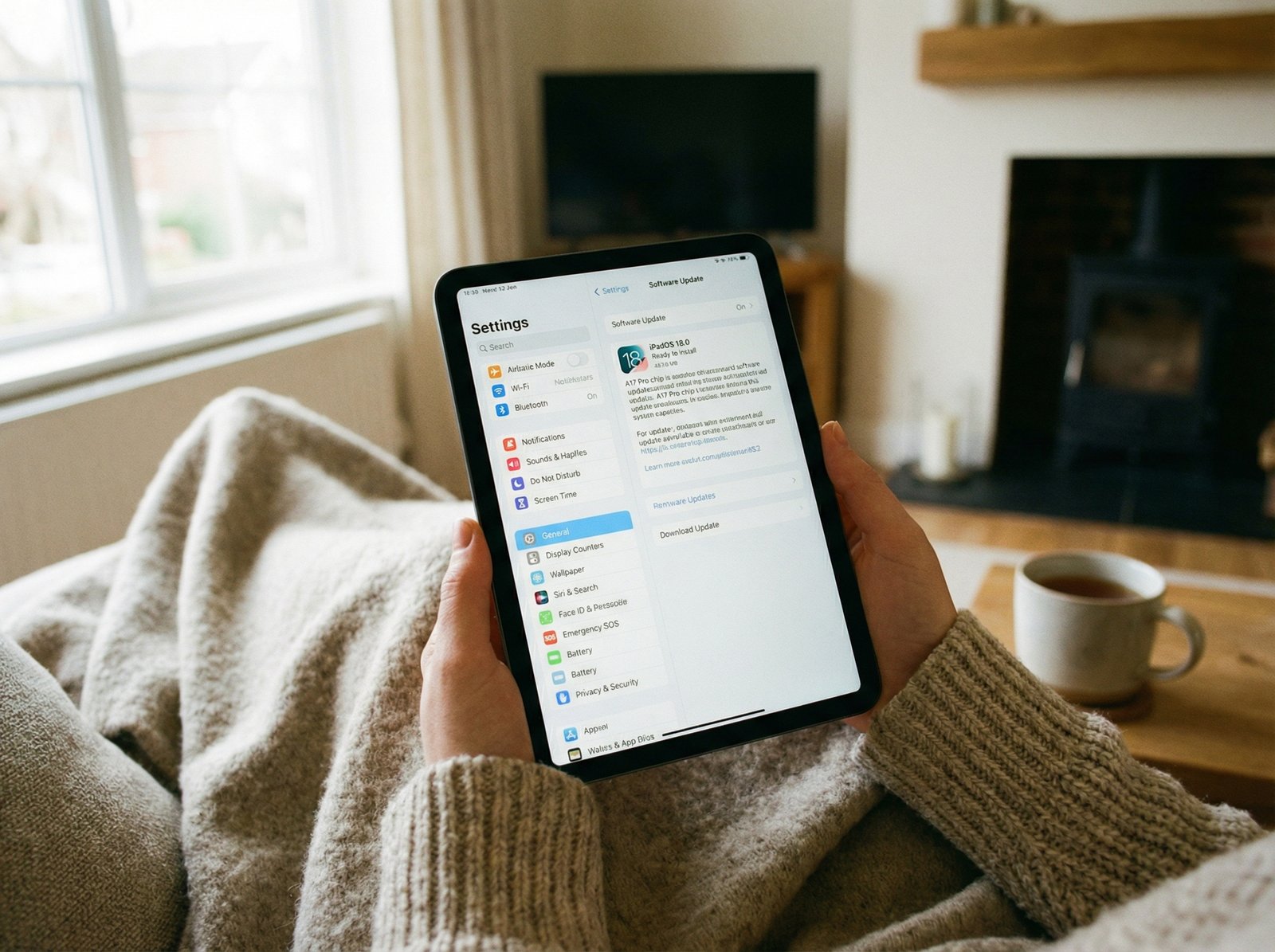 Hands holding an iPad mini A17 Pro showing the software update screen in settings, natural indoor lighting, cozy atmosphere, 4:3