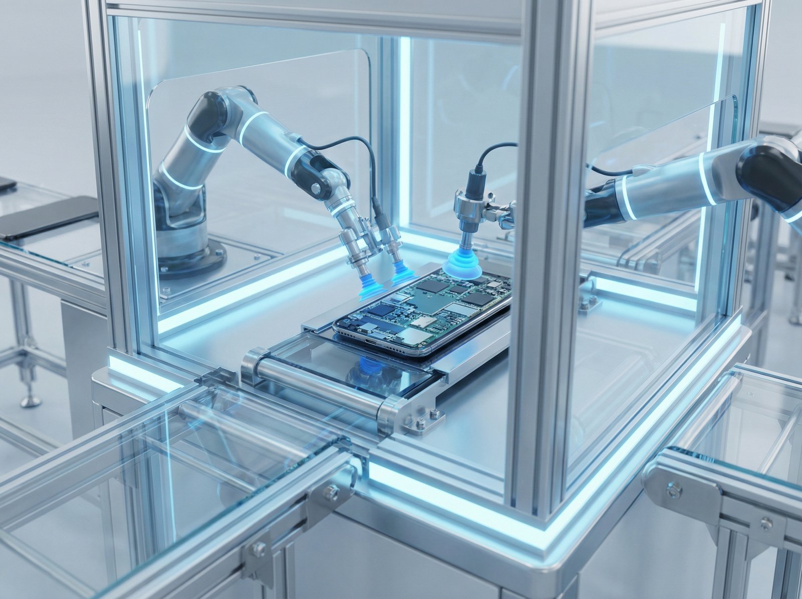 A modern and high-tech automated smartphone assembly line with robotic arms and soft blue lighting, focused on precision electronics, macro shot, 4:3, no text