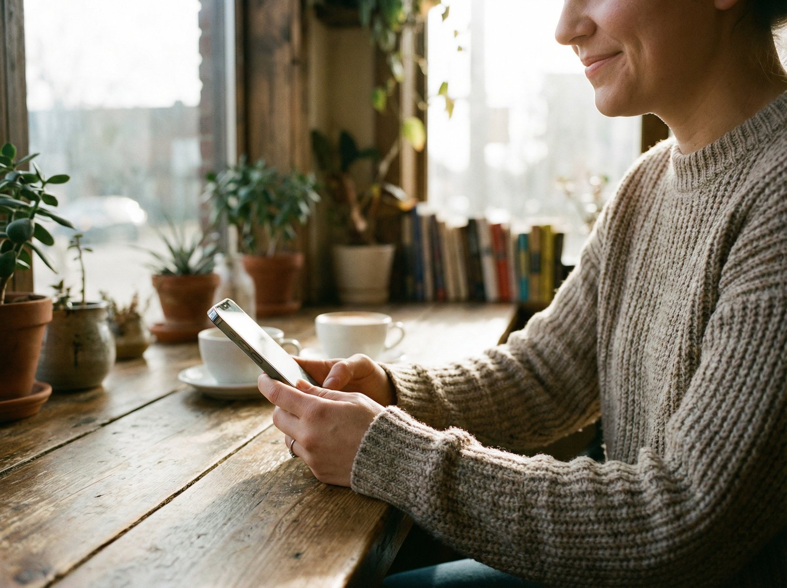 A person using a stylish smartphone in a cozy cafe with warm sunlight, lifestyle photography, natural lighting, shallow depth of field, 4:3, no text