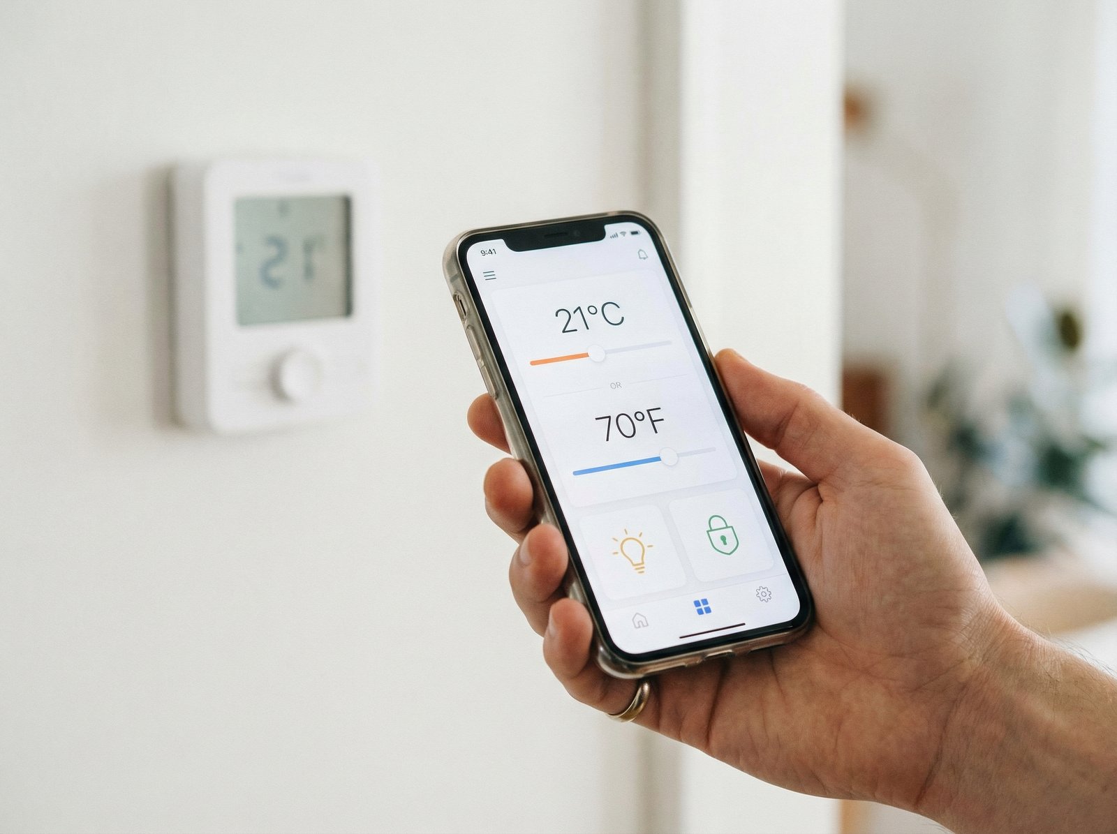 Close-up of a hand holding a modern smartphone displaying a smart home control interface with temperature sliders. In the blurred background, a minimalist wall-mounted thermostat is visible. Bright and clean indoor lighting, lifestyle photography, 4:3 aspect ratio, no text.