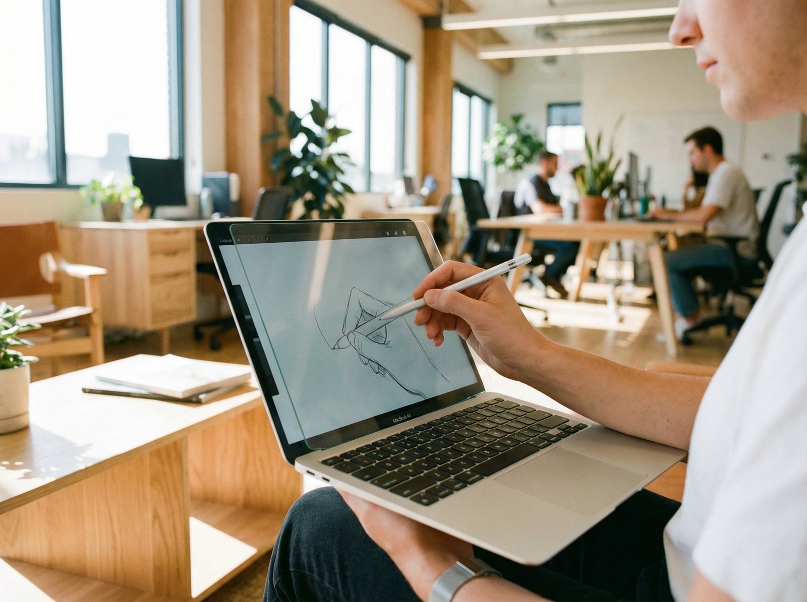 A sleek MacBook Air with a thin, transparent glass digitizer overlay attached to the screen. A person is using a silver stylus to draw on the screen in a bright, modern office setting. High-quality lifestyle photography, 4:3 aspect ratio, no text.