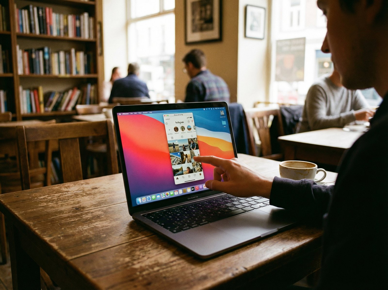 A person sitting in a cozy cafe, interacting with an iPhone Mirroring window on their MacBook screen by tapping with a finger. The screen shows a social media interface. Natural lighting, blurred background, 4:3 aspect ratio, no text.