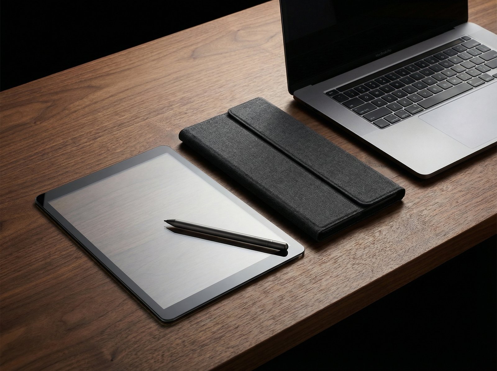 A clean studio shot of a glass digitizer panel, a sleek stylus, and a foldable grey folio case arranged neatly on a wooden desk next to a laptop. High contrast, modern tech aesthetic, 4:3 aspect ratio, no text.