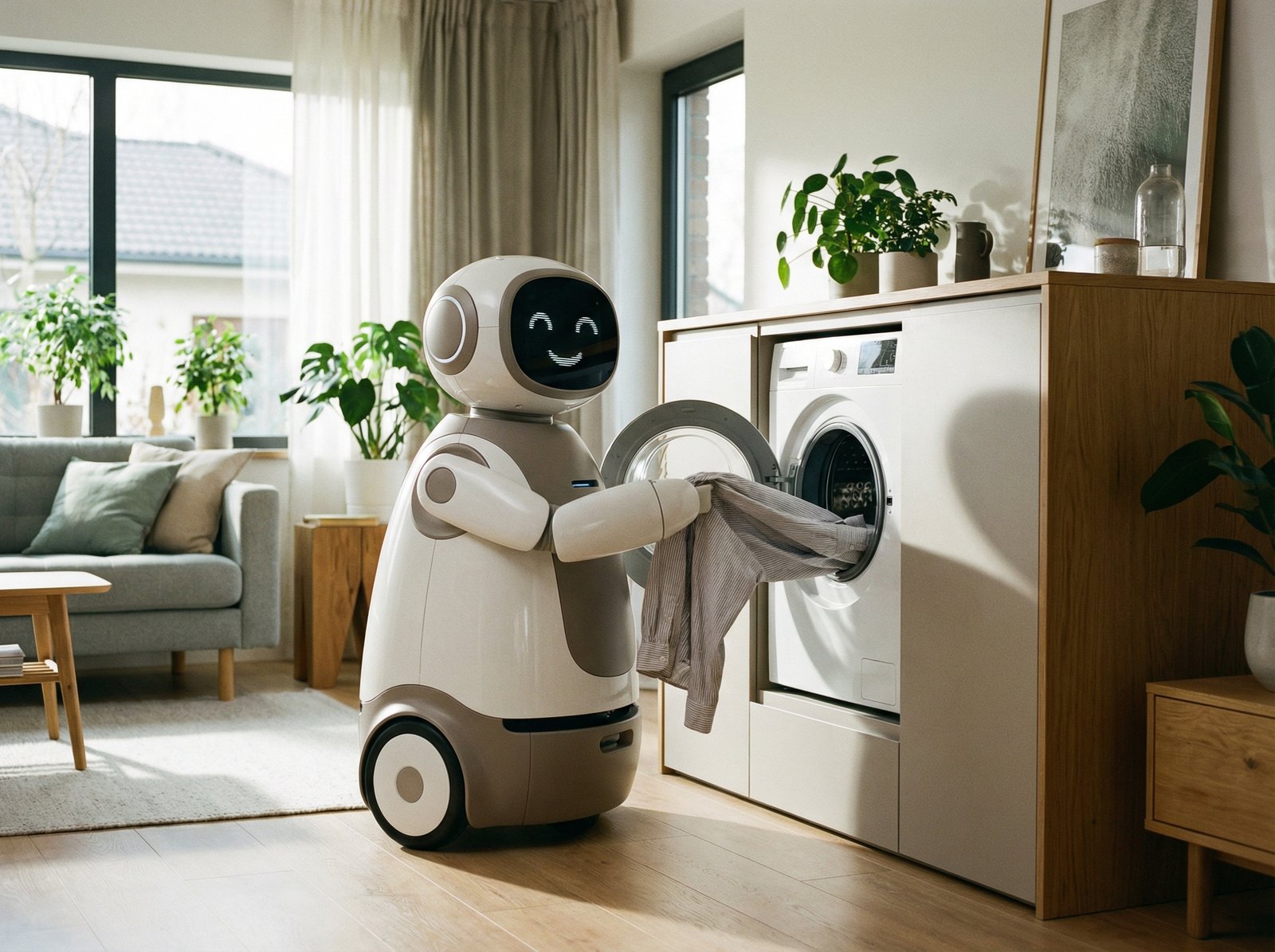 A friendly looking domestic service robot in a modern bright living room, the robot is interacting with a smart laundry machine, lifestyle photography, natural lighting, 4:3 aspect ratio, no text