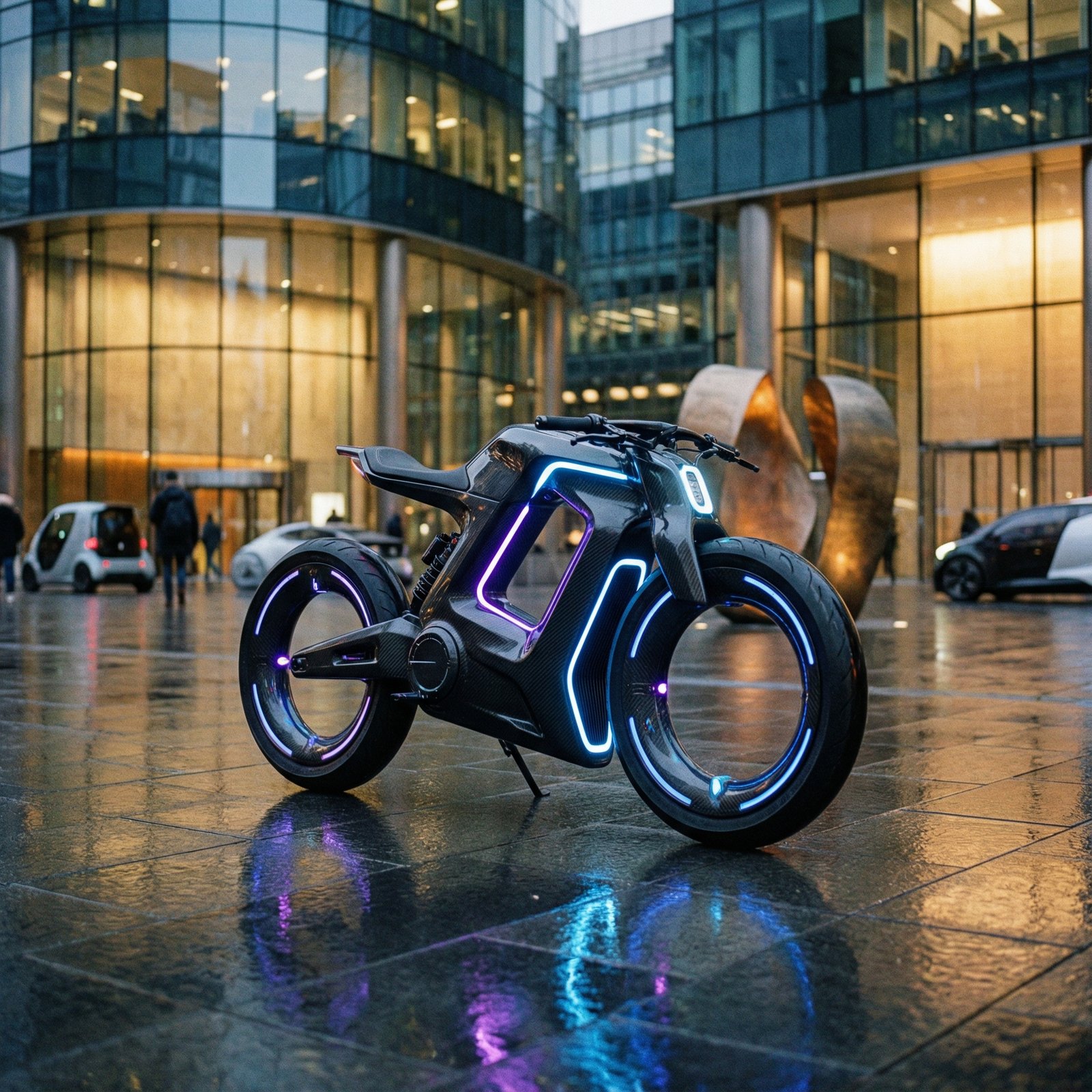 A sleek futuristic electric bike parked in a modern urban plaza at dusk, glowing LED accents on the frame, high-end design, cinematic lighting, 1:1 aspect ratio, no text