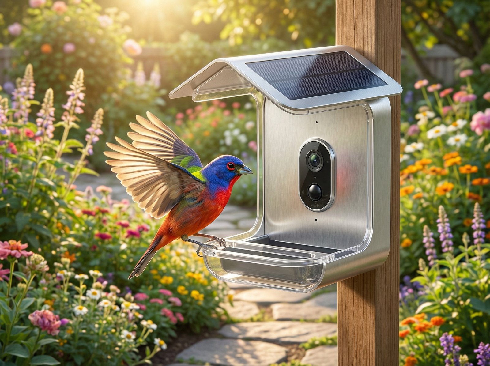 A colorful bird landing on a modern smart bird feeder in a sunny garden, photorealistic style, high quality, no text, 4:3