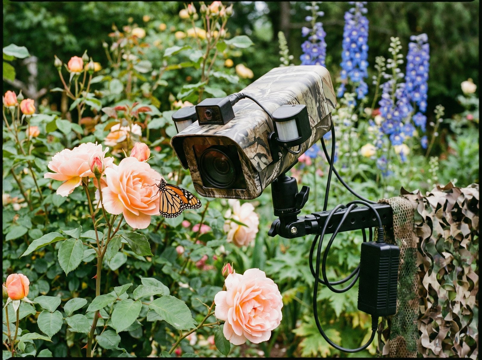 A specialized nature camera placed in a blooming flower garden capturing a butterfly on a petal, detailed outdoor nature tech, no text, 4:3