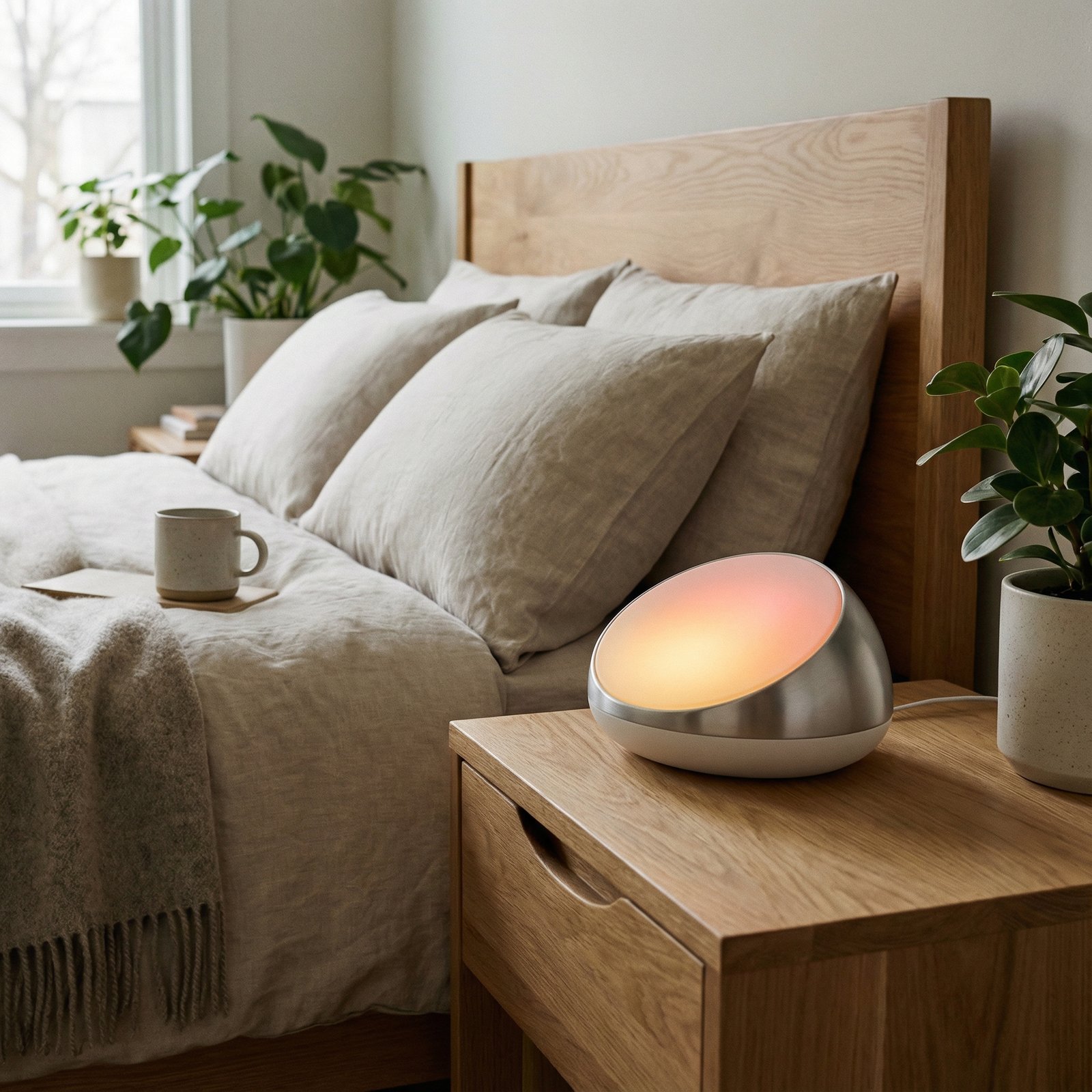 A sleek bedside sleep companion device emitting soft sunrise light, modern bedroom interior, cozy and calm atmosphere, high quality lifestyle photography, 1:1 aspect ratio, no text.