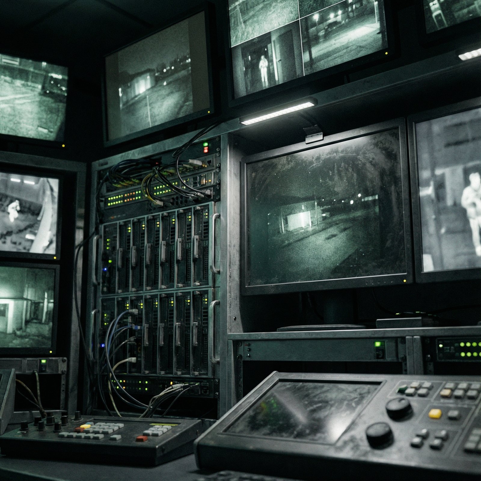Close up of high-tech surveillance equipment and monitors in a dimly lit room, cinematic lighting, realistic textures, no text, 1:1