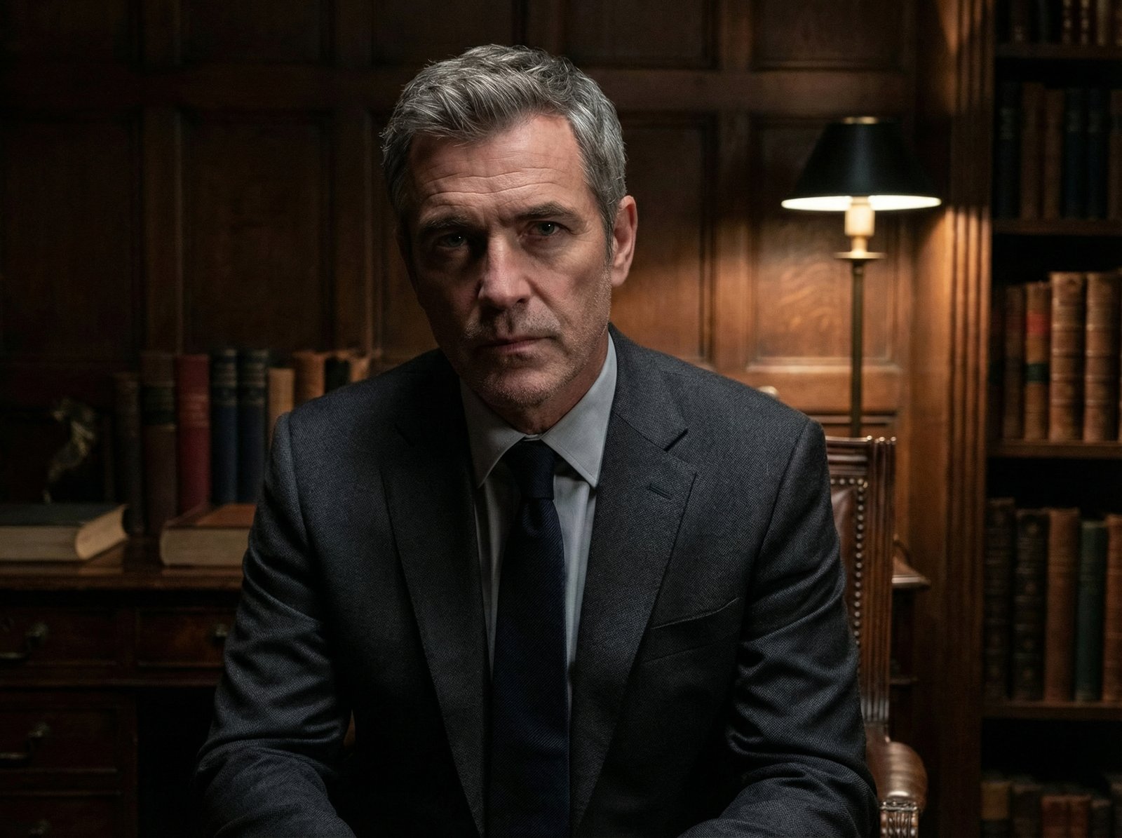 A middle aged man with a sharp and intelligent look wearing a dark suit in a serious atmosphere, dramatic lighting, high quality, no text, 4:3