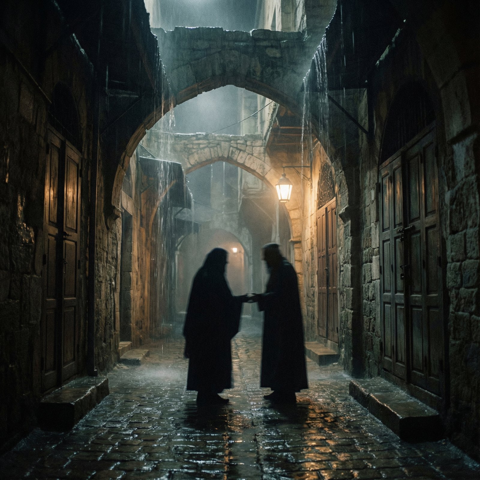 A secret meeting between two shadows in a rainy dark alley of a Middle Eastern city, cinematic atmosphere, moody lighting, no text, 1:1