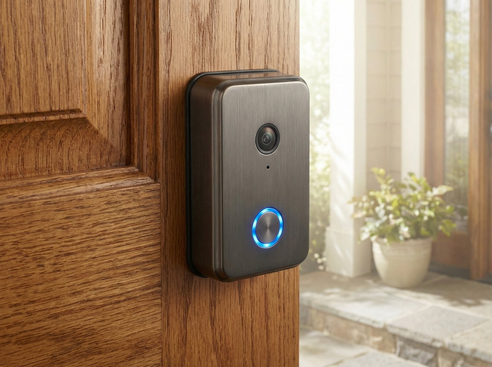 A sleek, modern smart lock with a small integrated camera for facial recognition installed on a high-quality wooden front door, glowing status light, soft natural lighting, realistic photography, 4:3, no text.