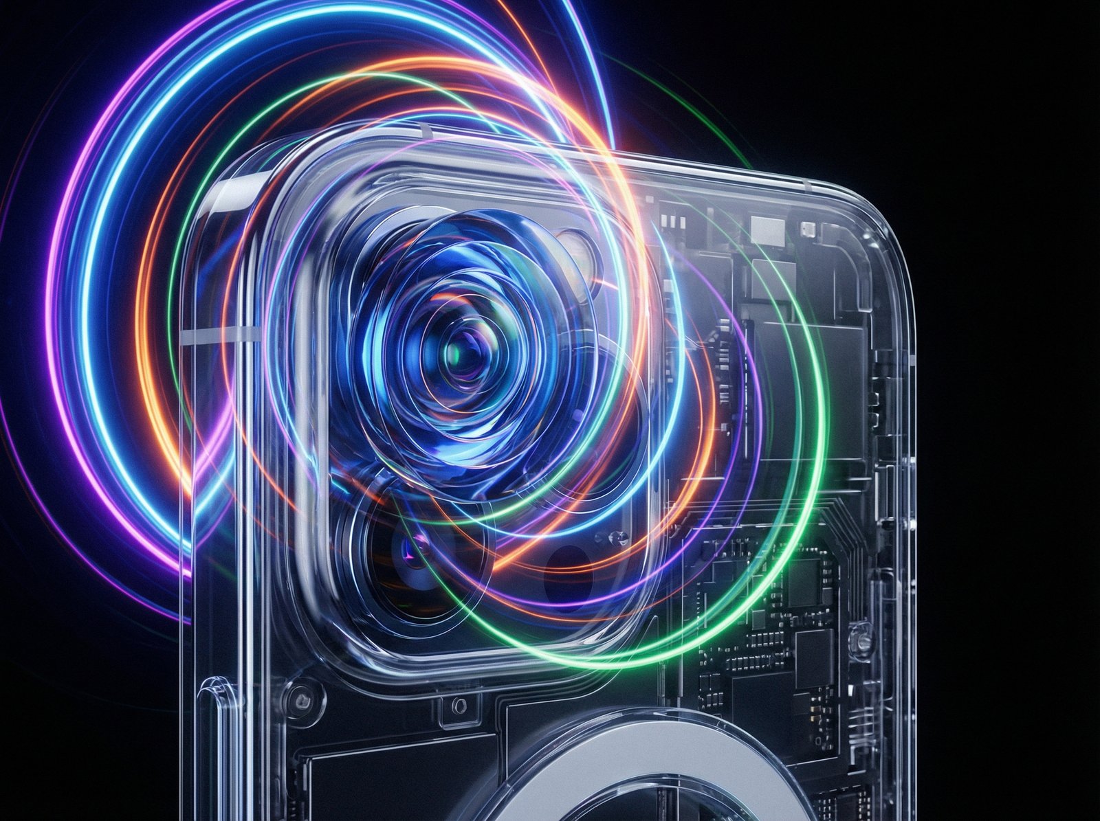 A futuristic iPhone camera lens capturing colorful light waves beyond the visible spectrum, 4:3, no text, modern tech aesthetic, high contrast.
