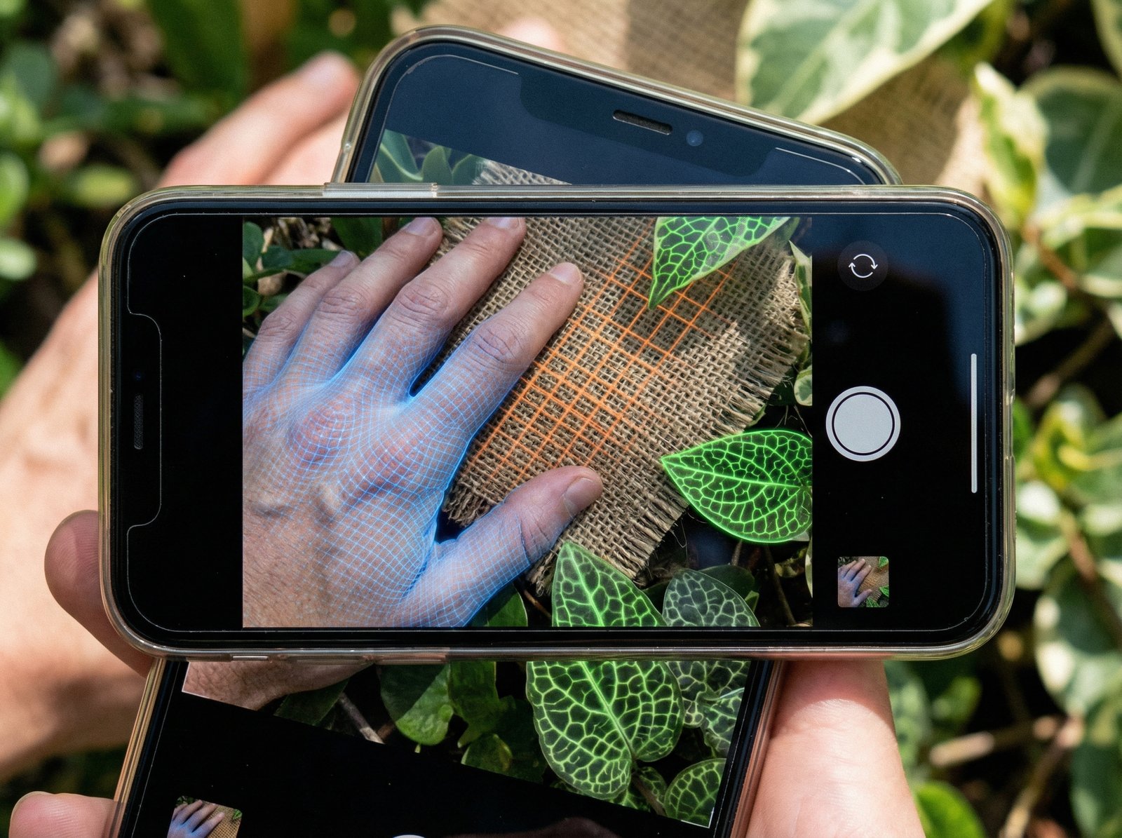 A smartphone screen showing a camera view highlighting different textures like fabric, skin, and leaves with digital overlays, 4:3, no text, realistic lighting.
