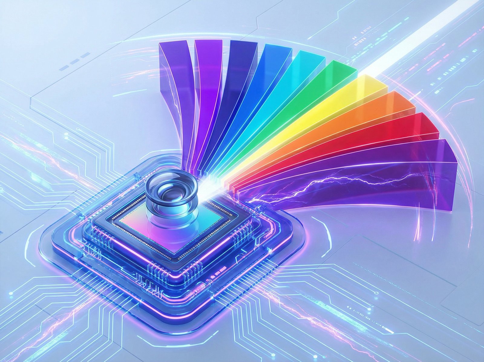 A high-tech infographic showing a camera sensor breaking down light into multiple spectral bands, 4:3, no text, sleek blue and violet tones.