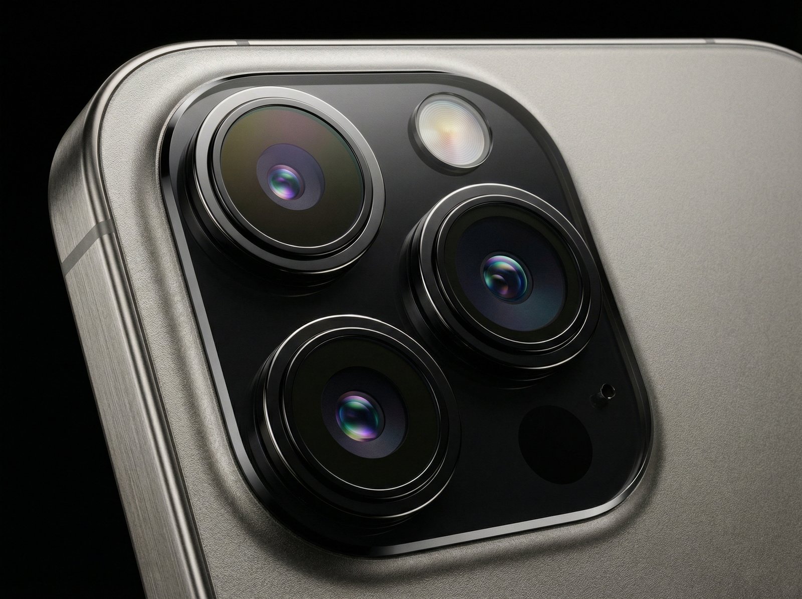 Detailed close-up of a sophisticated smartphone camera module with multiple lenses and sensors, 4:3, no text, professional studio lighting.