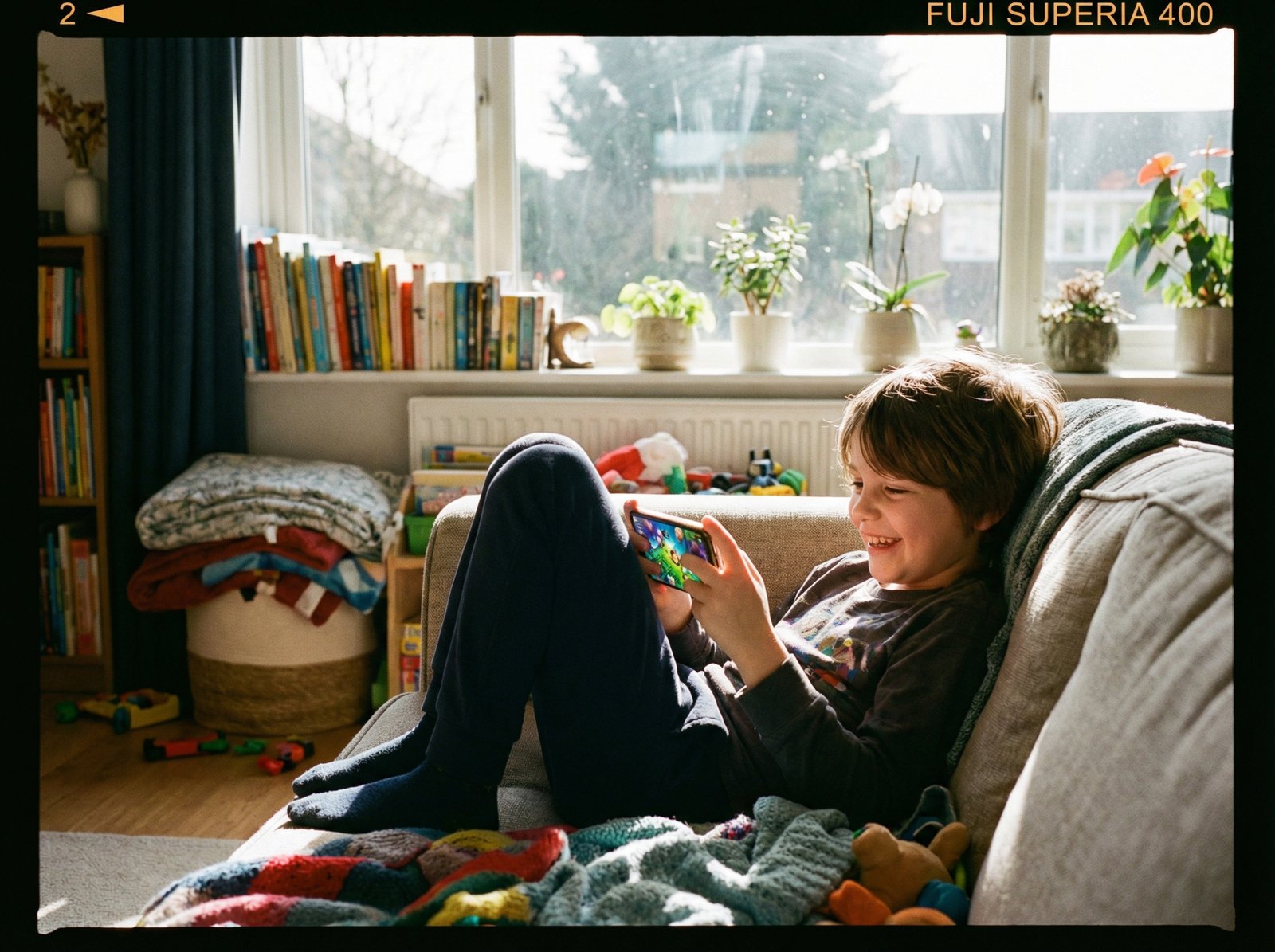 A 10-year-old child happily playing a colorful game on a smartphone in a cozy living room, natural sunlight through the window, high quality lifestyle photography, 4:3 aspect ratio, no text.