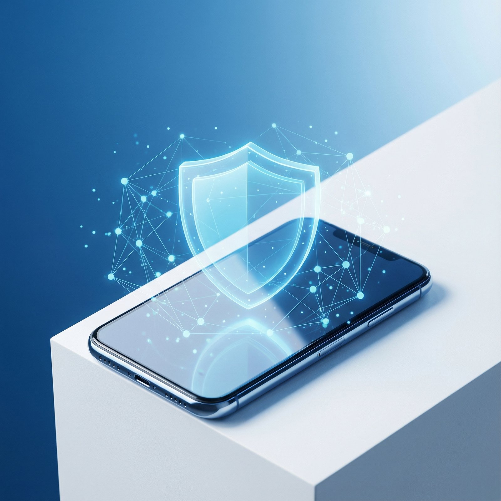 Modern digital security concept showing a shield icon over a smartphone, clean blue and white theme, high contrast professional layout, 1:1 aspect ratio, no text.