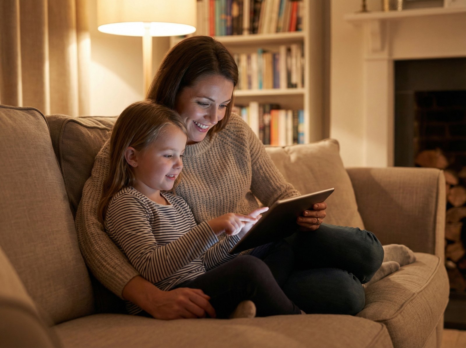 A mother and her young daughter sitting on a sofa looking at a tablet together, warm indoor lighting, realistic and friendly atmosphere, 4:3 aspect ratio, no text.