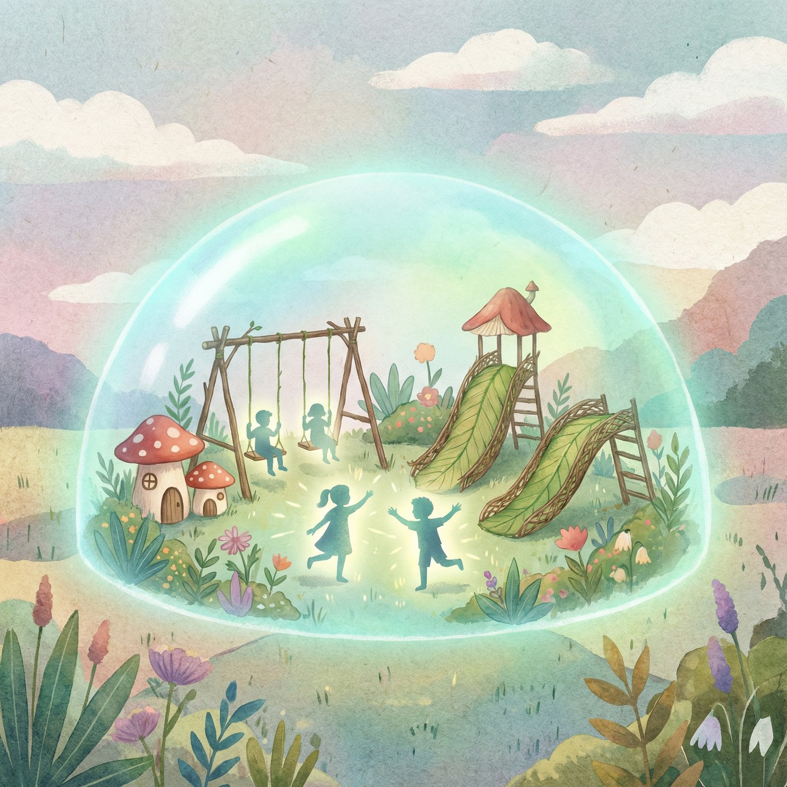 Artistic rendering of a safe digital garden for children, glowing protective dome over a playground, soft colors, textured background, 1:1 aspect ratio, no text.