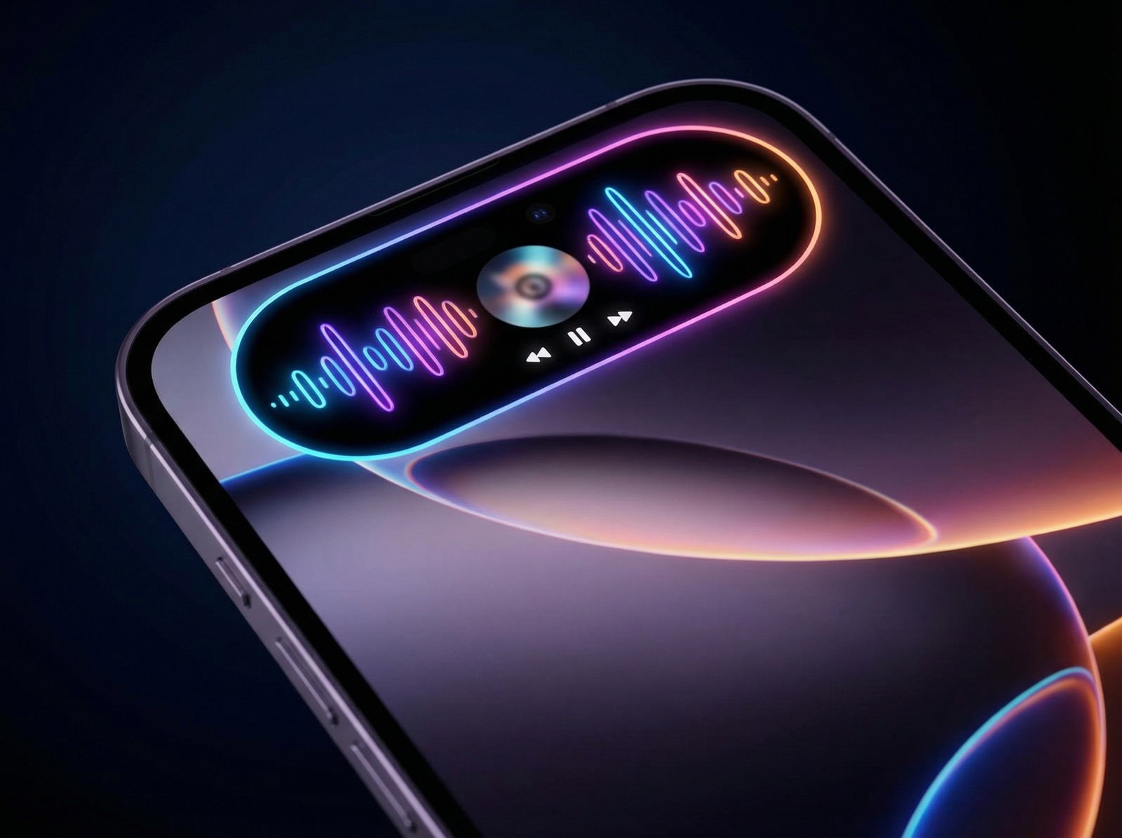close up shot of a sleek smartphone screen featuring a dynamic island at the top displaying a music player interface vibrant colors modern look 4:3 no text