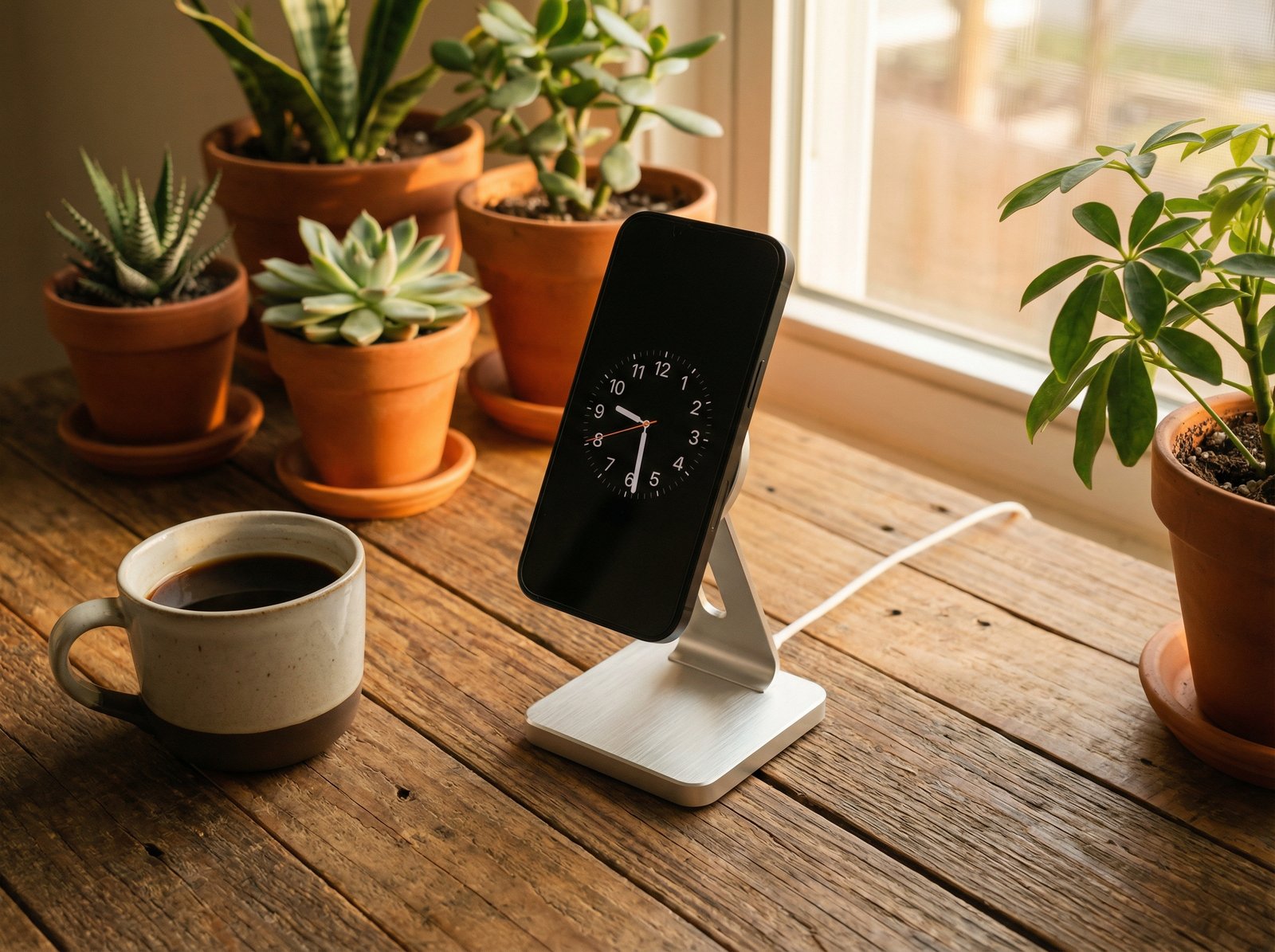 a lifestyle photo of a smartphone magnetically attached to a sleek silver magsafe charging stand on a wooden desk with a coffee cup and plants warm lighting 4:3 no text