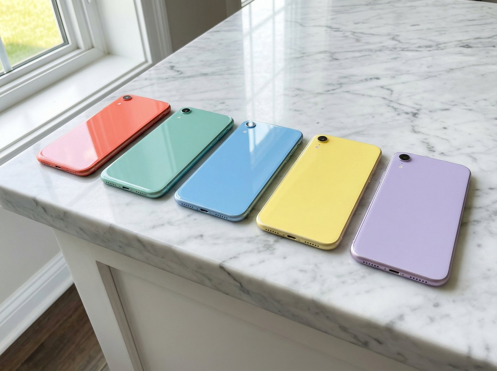 several colorful smartphones arranged in a row on a white marble surface reflecting high quality build and vibrant minimalist design 4:3 no text