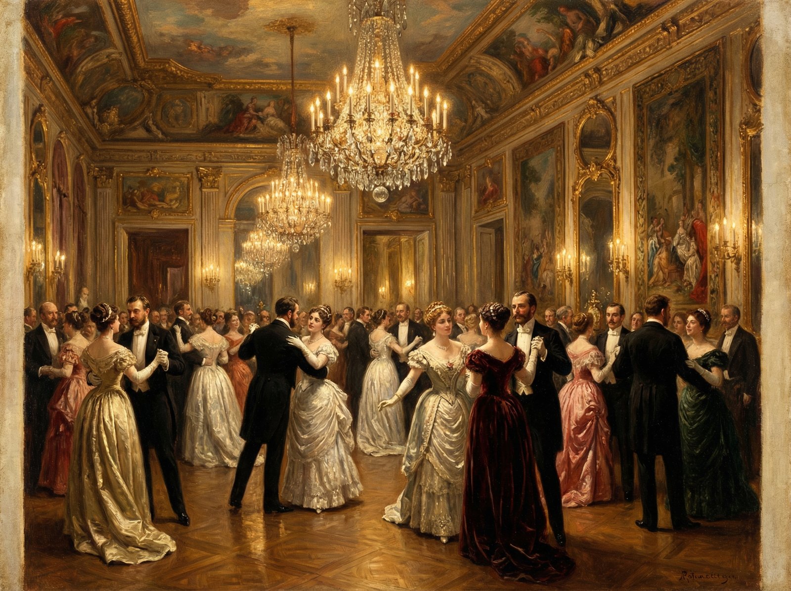 A lavish 19th-century ballroom scene with people in elegant gowns and suits, soft golden chandelier lighting, cinematic atmosphere, high contrast, realistic oil painting style, 4:3 aspect ratio, no text.