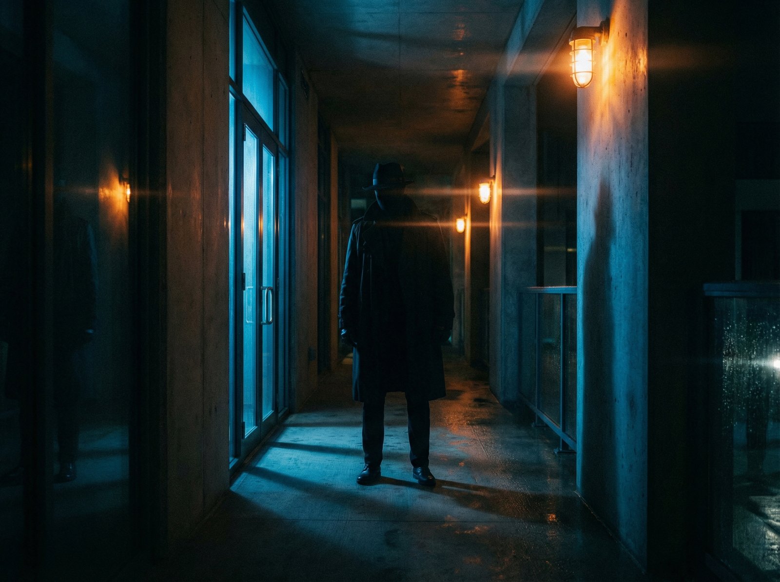A cinematic shot of a mysterious figure in a dark hallway, blue and orange lighting, high tension, professional photography, modern thriller aesthetic, 4:3 aspect ratio, no text.