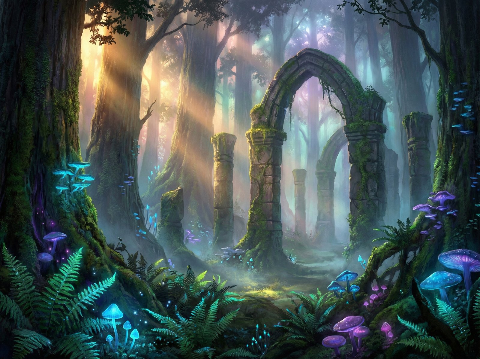 A mystical forest with glowing plants and ancient stone structures, epic fantasy landscape, cinematic lighting, 4:3 aspect ratio, high detail, artistic rendering, no text.