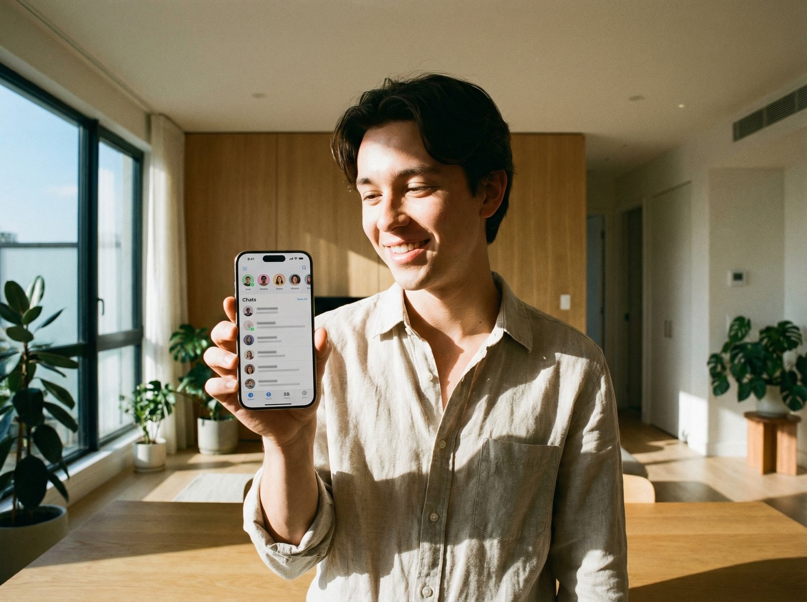 A high-quality lifestyle photo of a young person holding an iPhone 16 Pro, the screen displaying a music app interface with small circular friend profile icons at the top of a chat list, modern interior background, warm morning sunlight, aspect ratio 4:3, no text on screen.